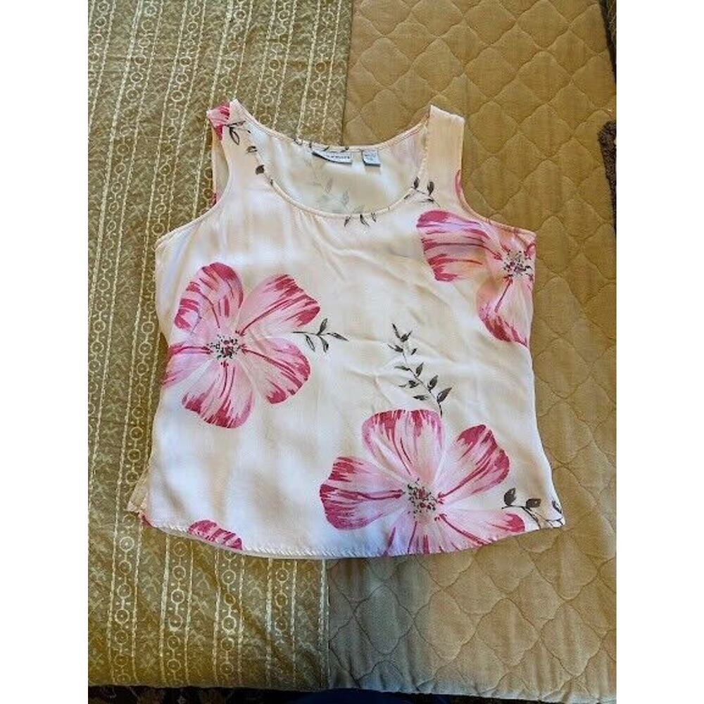 Womens Silk Shell Tank Pink Hibiscus Size M Easter Work Casual Side Zip